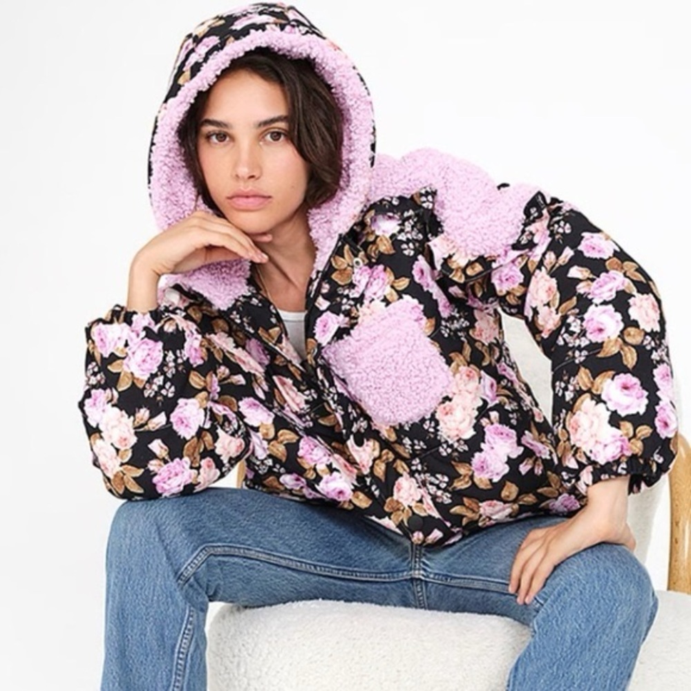 For Love And Lemons Floral Puffer Jacket Sherpa Accents